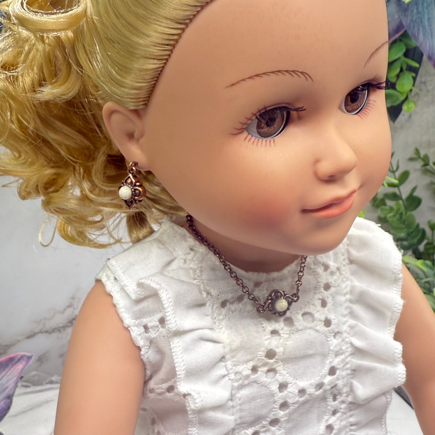 Copper Color Filigree Diamond Charm Doll Necklace & Earrings Set • 18 Inch Fashion Doll Jewelry