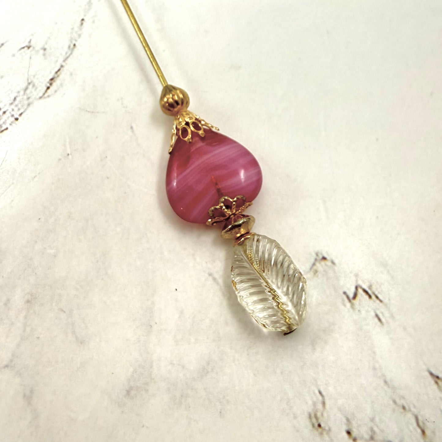 Pink Swirl Design Glass Heart Clear Leaf Top Gold Filigree - 6 Inch • Hatpin - Stick Pin