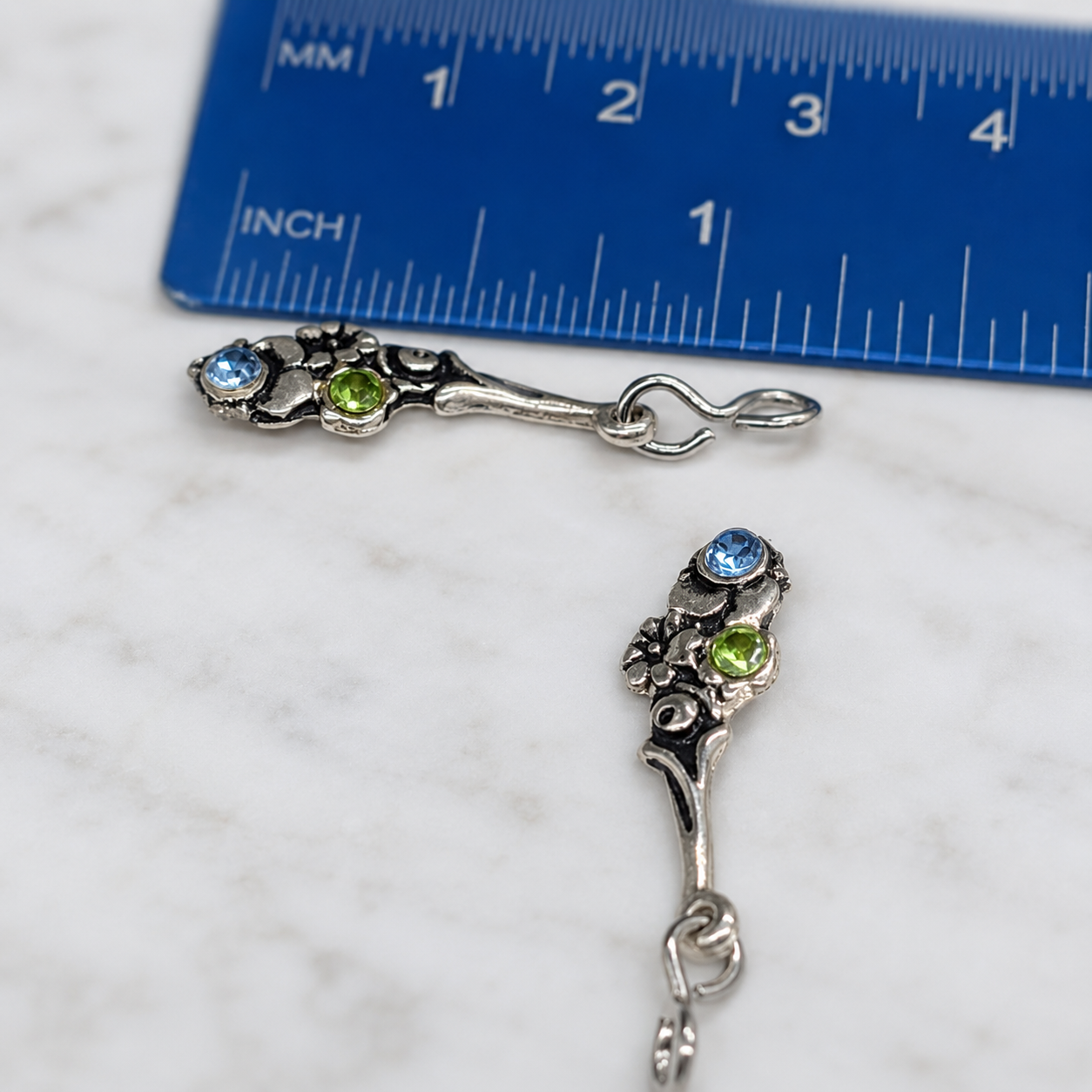 Blue Green Rhinestone Silver Flower Design Earring DANGLE ONLY• 18” Doll Jewelry