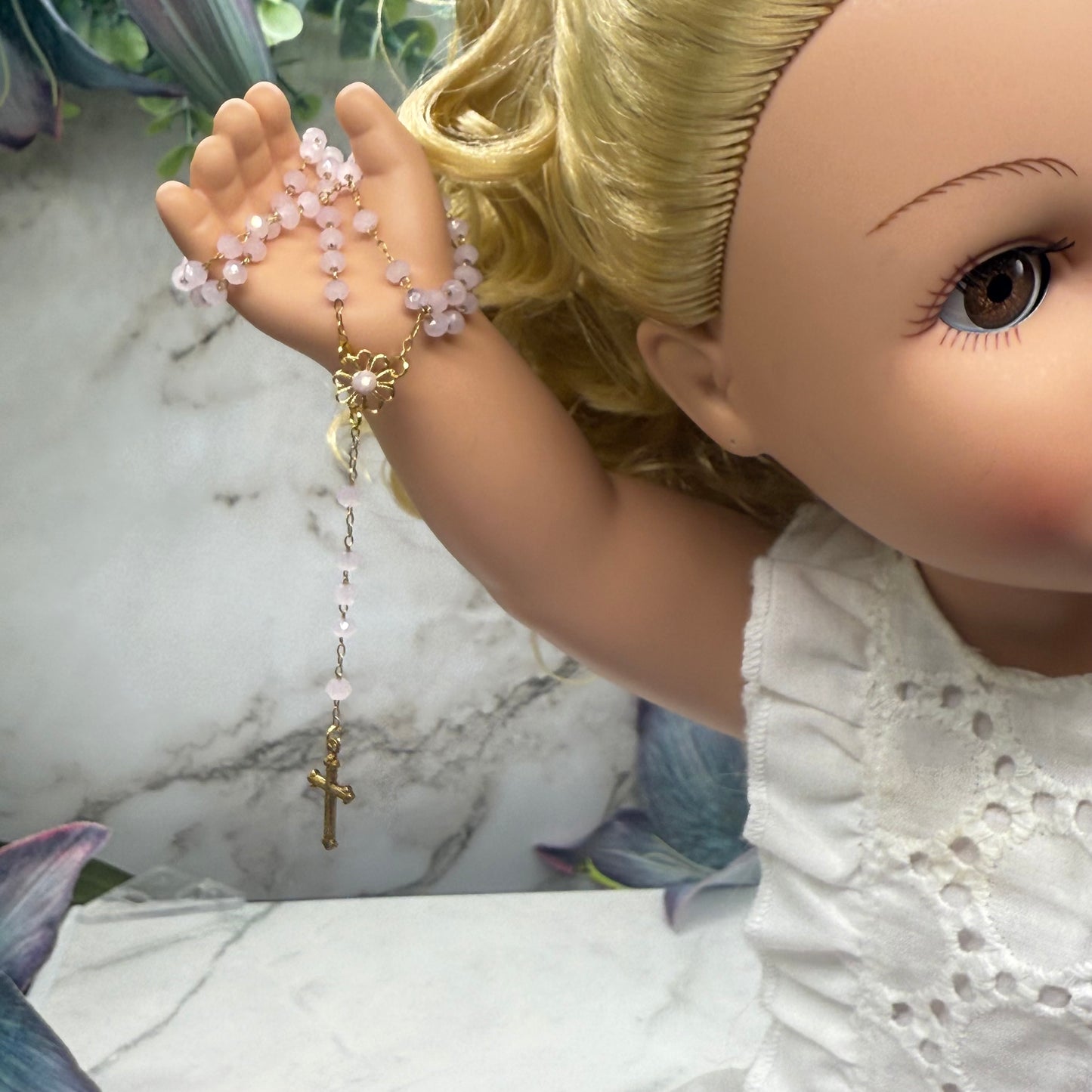 Light Pink Glass Crystal Gold Cross • Doll Size Catholic Rosary for 18-22” Fashion or Vintage Doll