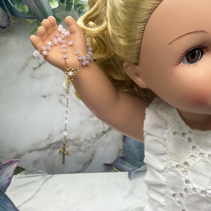 Light Pink Glass Crystal Gold Cross • Doll Size Catholic Rosary for 18-22” Fashion or Vintage Doll