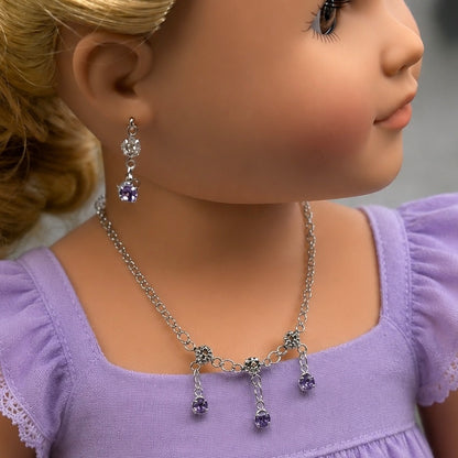 Light Misty Purple & Clear Rhinestone Silver Doll Necklace and Earrings Set for 18 Inch Fashion Dolls
