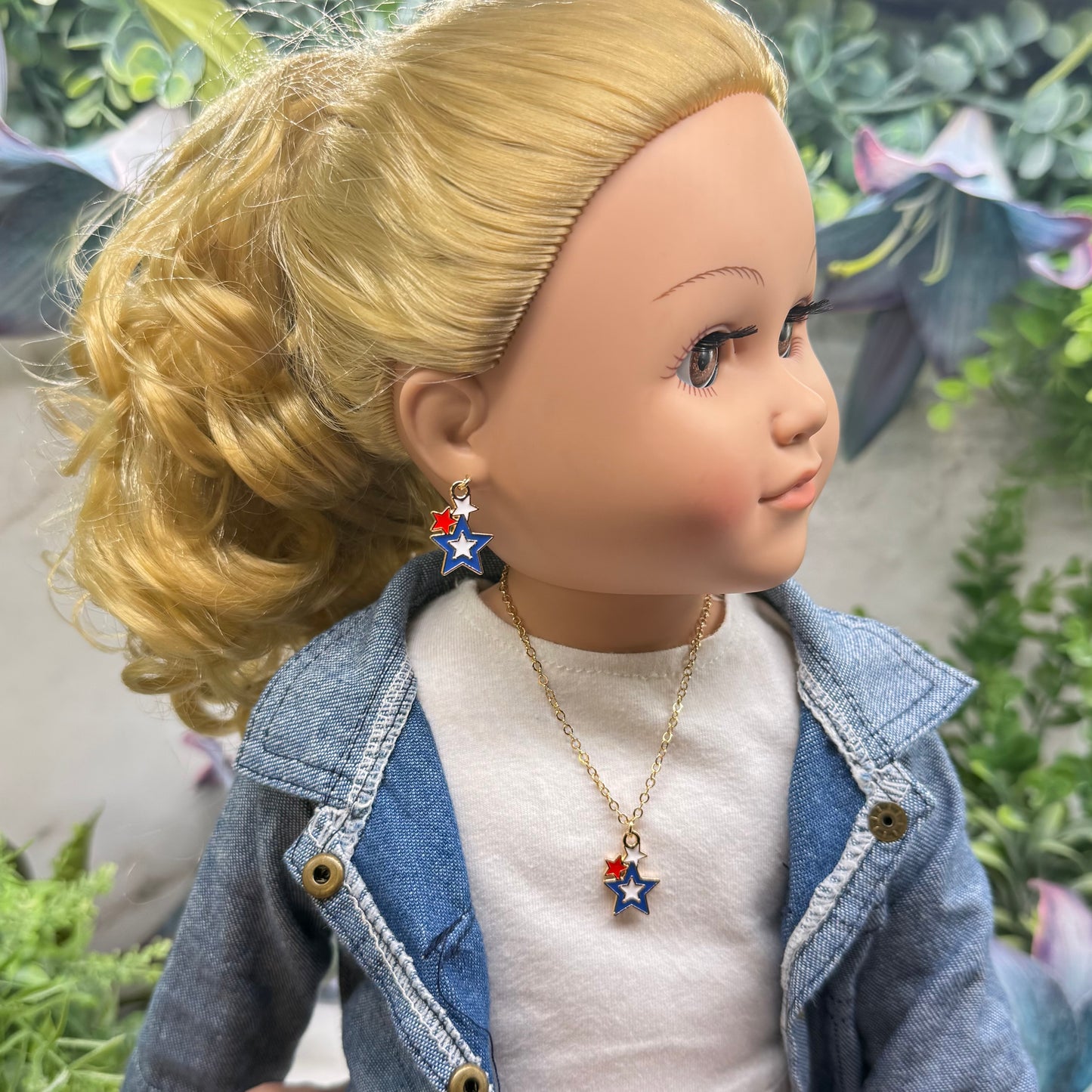 Red White Blue Multi Star Charm Doll Necklace & Earrings Set for 18 Inch Fashion Doll