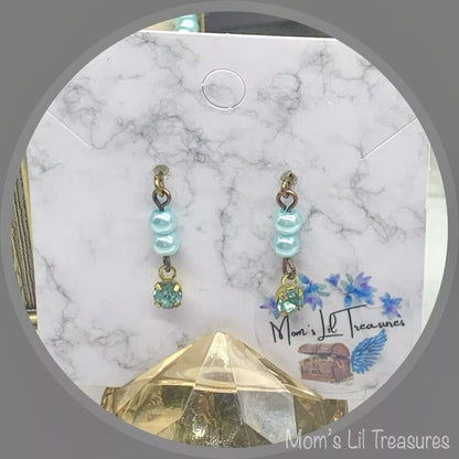 Turquoise Pearl Rhinestone Pendant Doll Necklace Earring Set • 18” Doll Jewelry