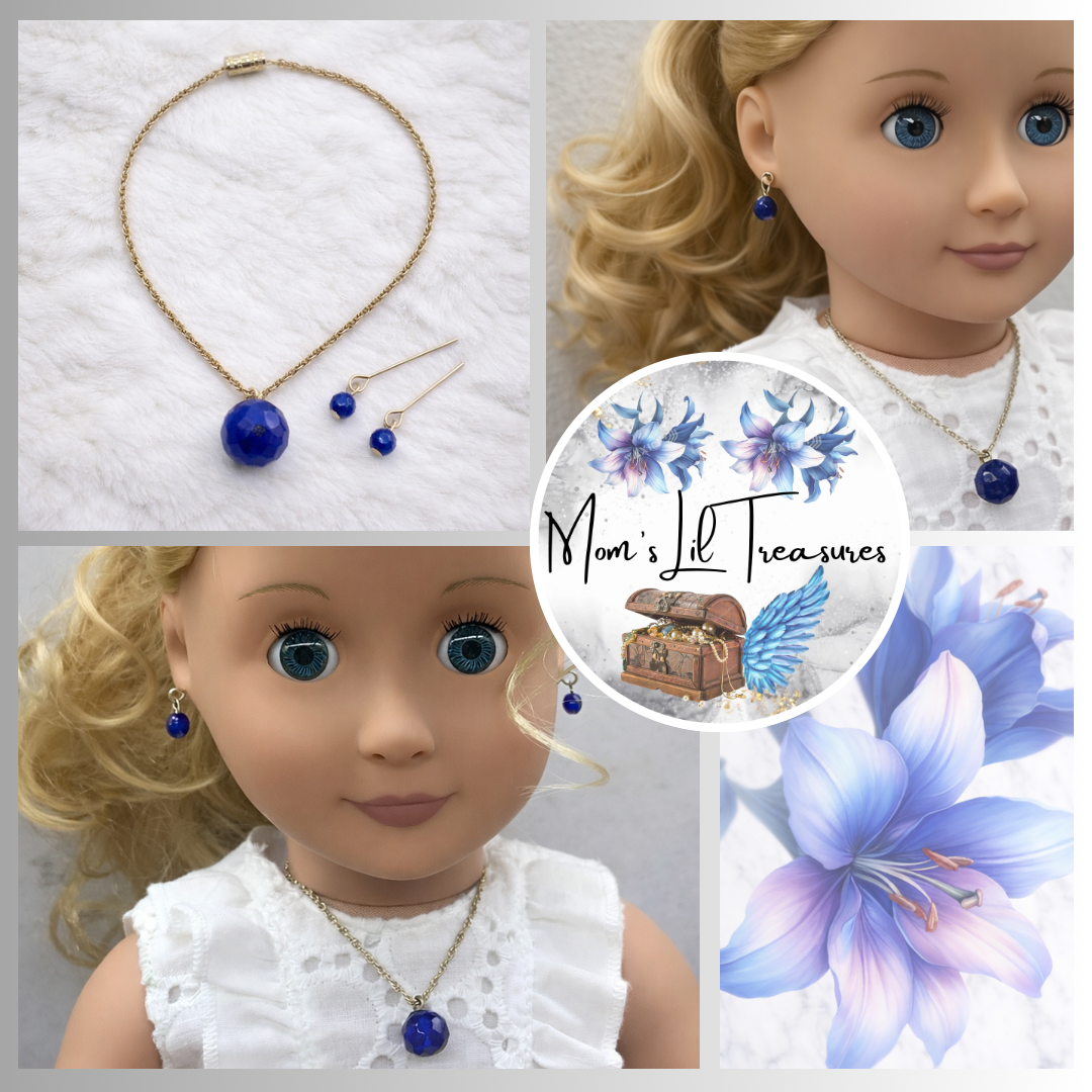 Blue Glass Drop Pendant Doll Necklace Earrings Set • 18 Inch Doll Jewelry