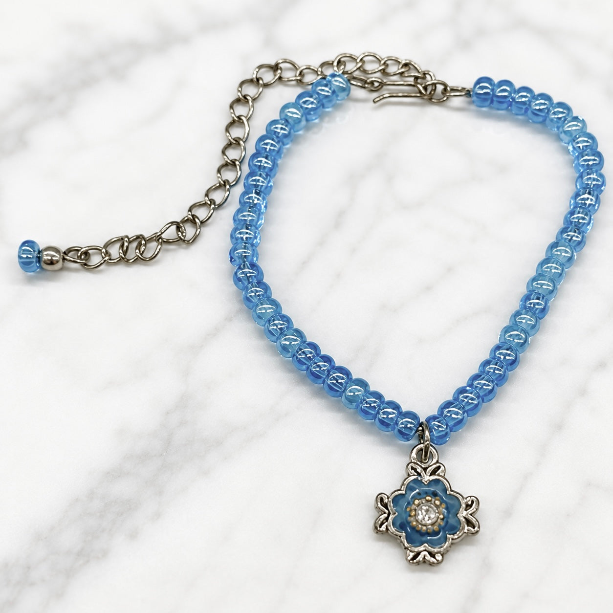 Iridescent Blue Beaded Doll Necklace W/ Pendant • 18” Fashion Doll Jewelry
