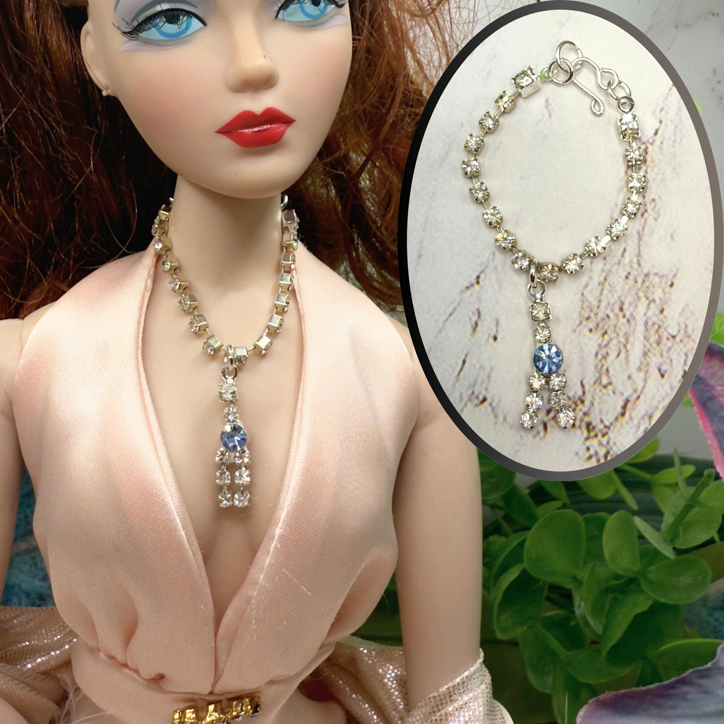 Clear & Blue Rhinestone Y-Drop Doll Necklace • 16 Inch Fashion Doll Jewelry