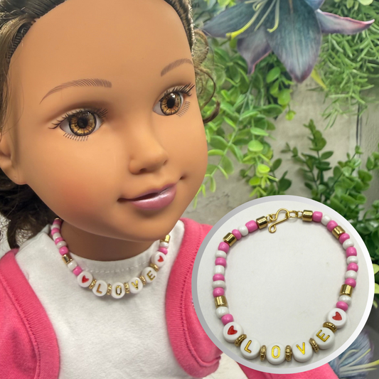 LOVE Pink White Gold Beaded Valentine’s Day Doll Necklace • 18 Inch Fashion Doll Jewelry