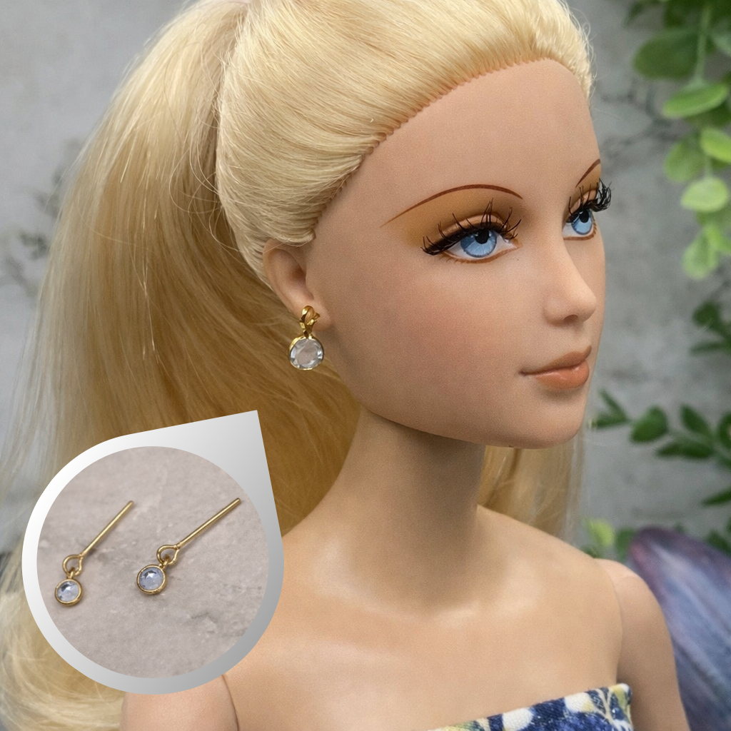 Round Blue Crystal Gold Dangle Doll Earrings •  16” Doll Jewelry