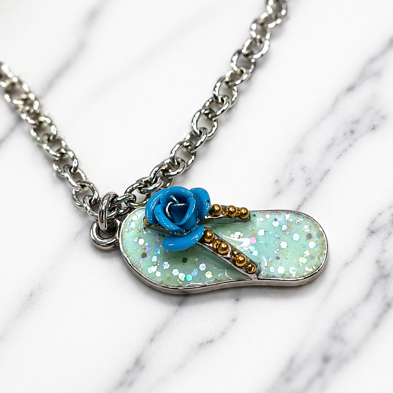 Blue Flip Flip Sandal Rose Accent Charm Silver Doll Necklace for 18 Inch Fashion Doll Jewelry