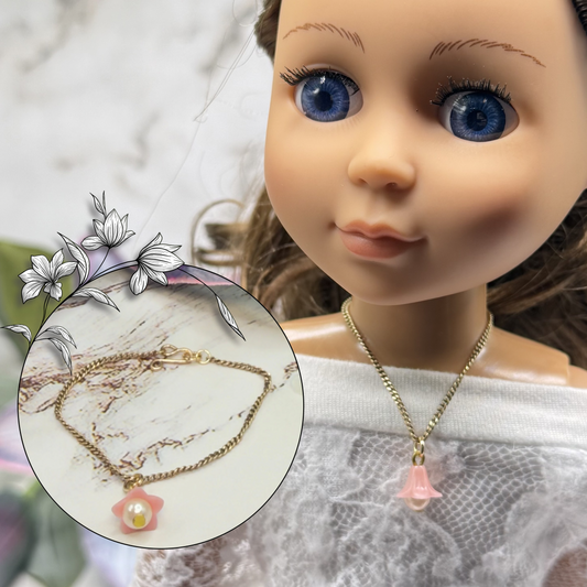 Pink Bell Flower Pearl Center Charm Gold Chain Doll Necklace • 14 Inch Fashion Doll Jewelry