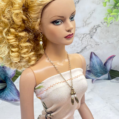 Bronze Brass Tone Pearl & Metal Bead Dangle Doll Necklace Earrings Set • 16 Inch Fashion Doll Jewelry