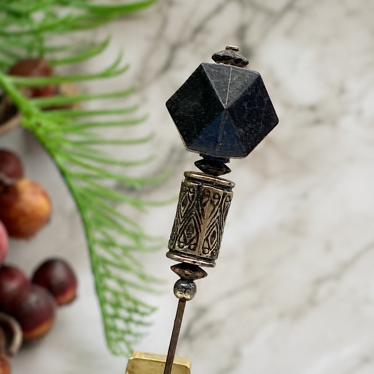 Black Acrylic Octagon Silver Tone Cylinder Design - 6” Pin • Hatpin - Stick Pin