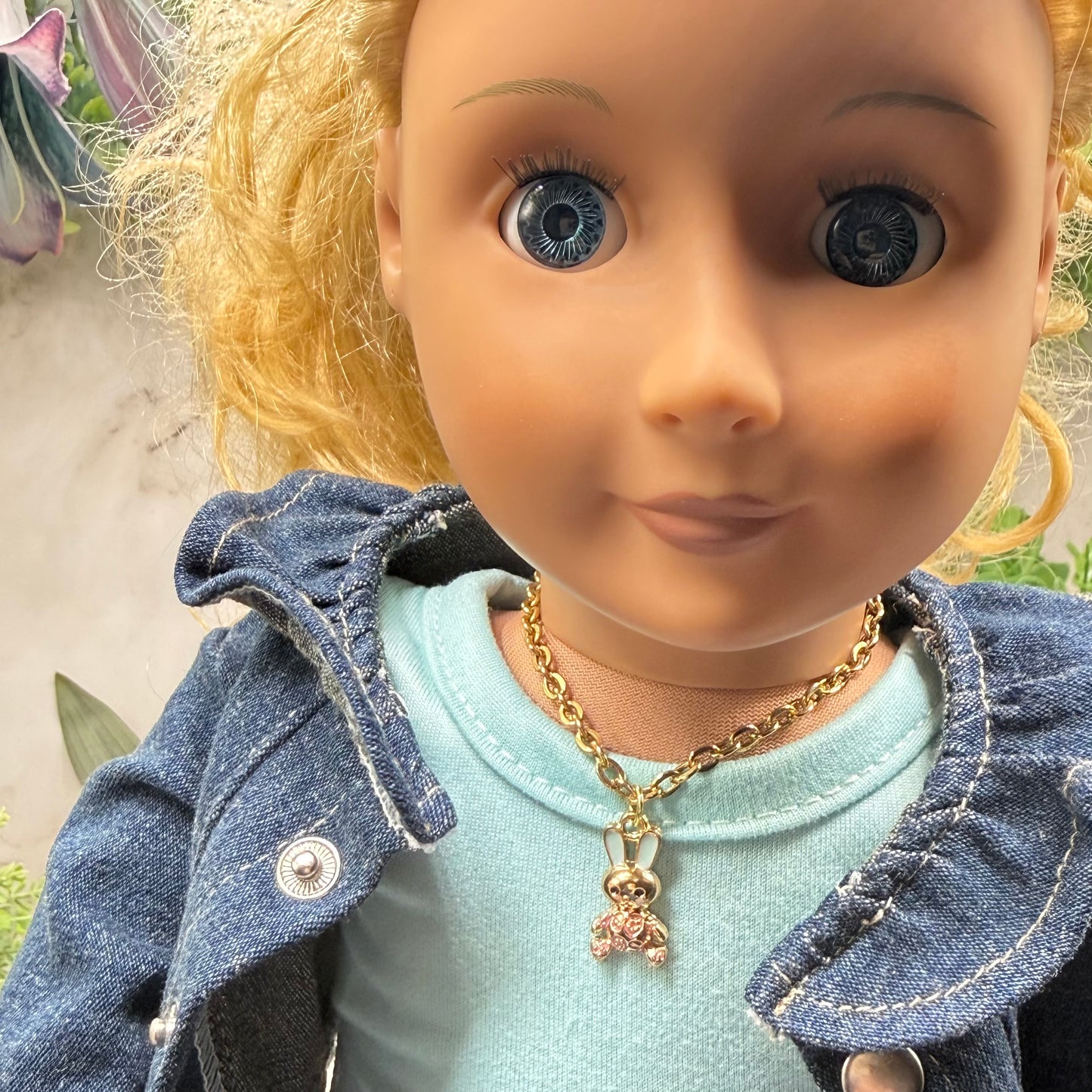 Bunny Blue & Purple Enamel Detail Charm Doll Necklace Easter • 18 Inch Fashion Doll Jewelry