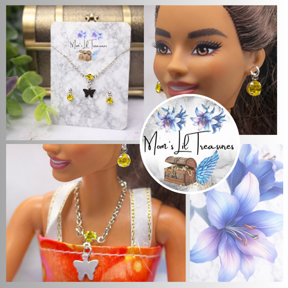 Silver Butterfly Yellow Rhinestone Charm Doll Necklace & Earrings • 10-12 Inch Fashion Doll Jewelry 1:6