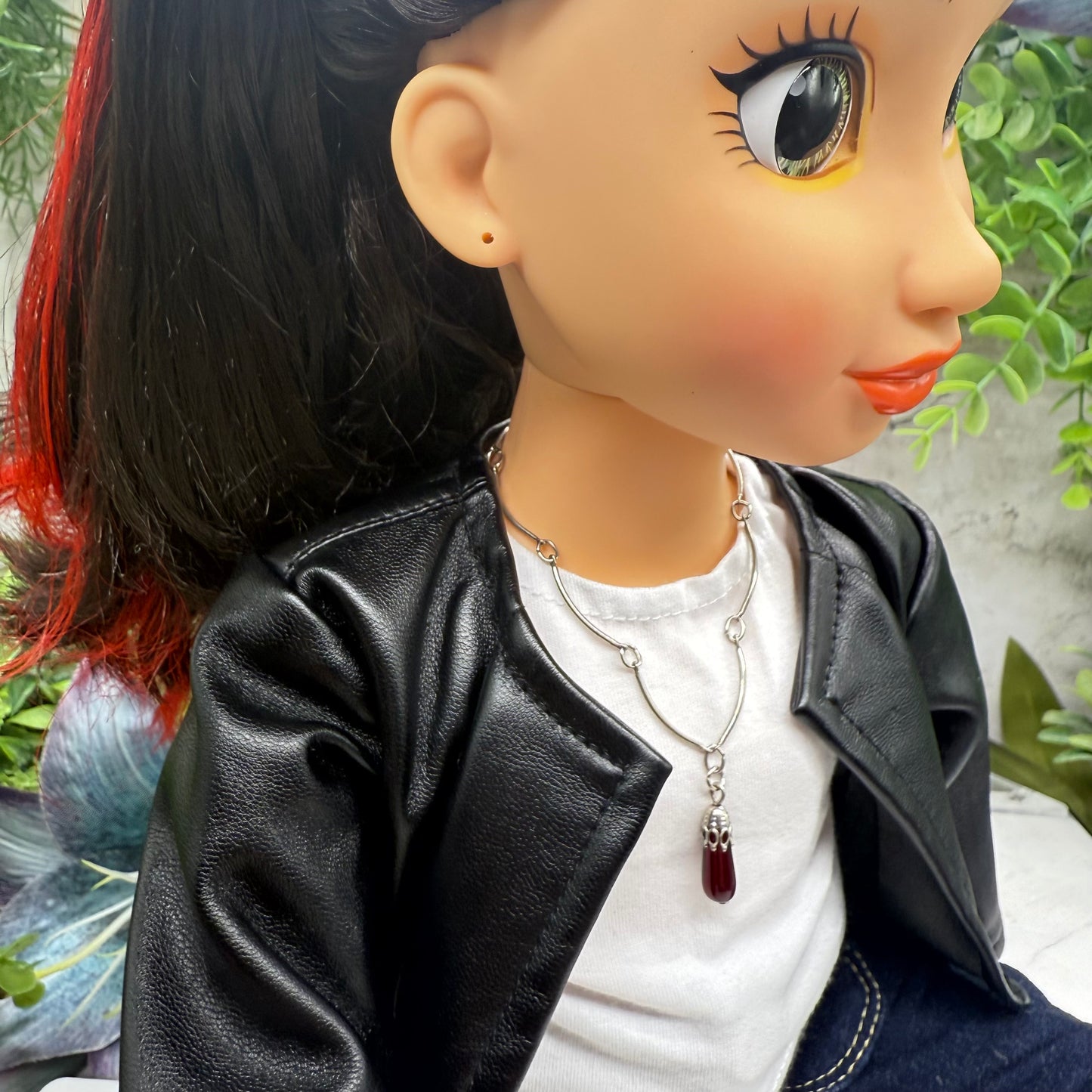 Dark Ruby Red Glass Teardrop Pendant Doll Necklace • 18 Inch Fashion Doll Jewelry