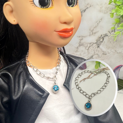 Round Turquoise Rhinestone Pendant Silver Link Doll Necklace • 18 Inch Fashion Doll Jewelry