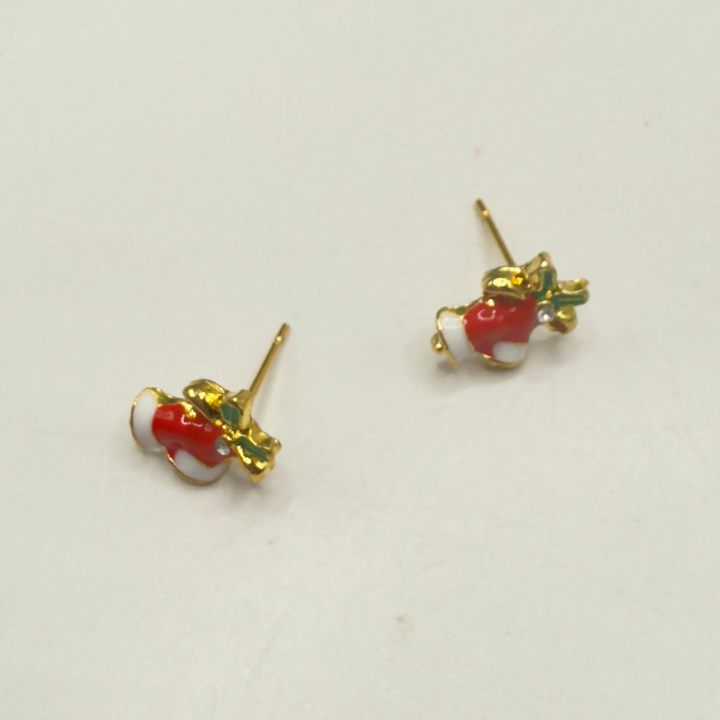 Red White Enamel Gold Metal Christmas Bell Post Earrings • 18 Inch Fashion Doll Jewelry