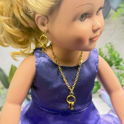 Key Ring Pendant Gold Chain Doll Necklace & Earrings Set • 18 Inch Fashion Doll Jewelry