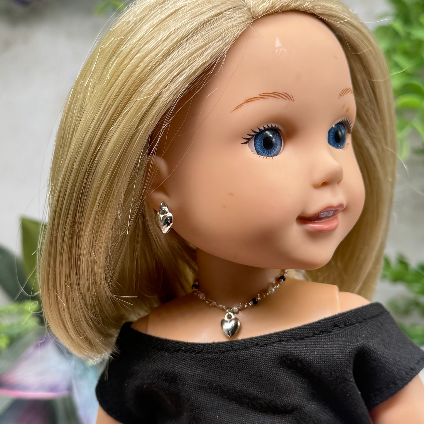 Black & Pearl Beaded Silver Heart Charm Doll Necklace & Earrings • 14 Inch Fashion Doll Jewelry