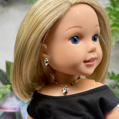 Black & Pearl Beaded Silver Heart Charm Doll Necklace & Earrings • 14 Inch Fashion Doll Jewelry