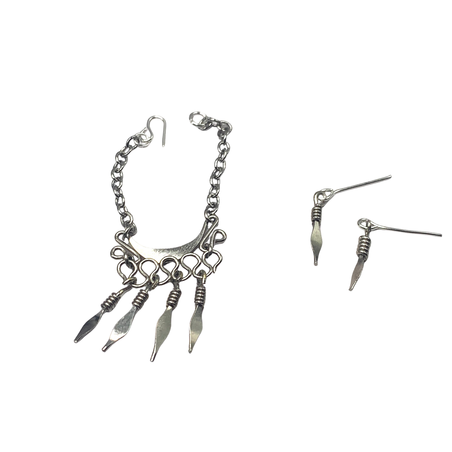 Silver Dangle Statement Doll Necklace Matching Earring Set • 16” Doll Jewelry