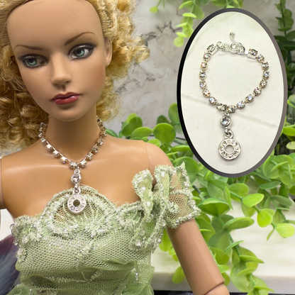 Round Drop Pendant Clear Rhinestone Chain Doll Necklace • 16” Doll Jewelry