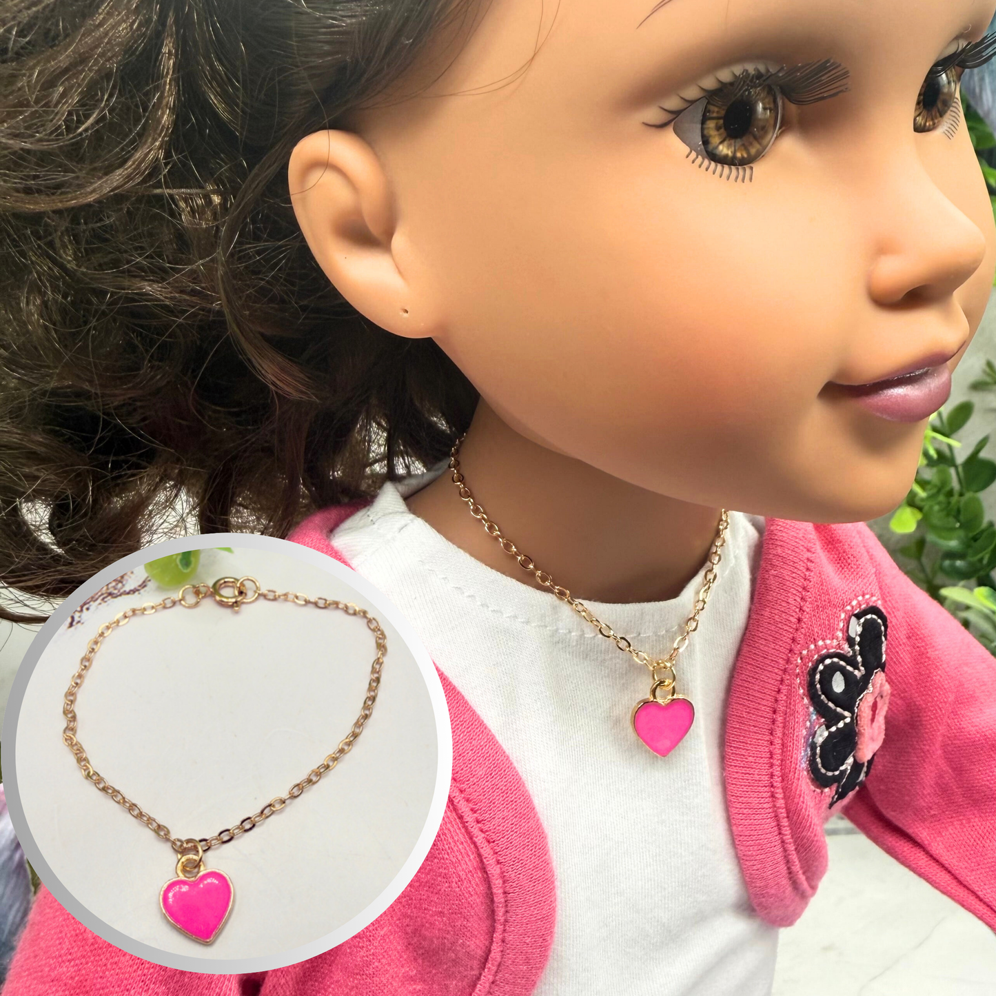 Pink Heart Charm Gold Chain Doll Necklace • 18 Inch Fashion Doll Jewelry