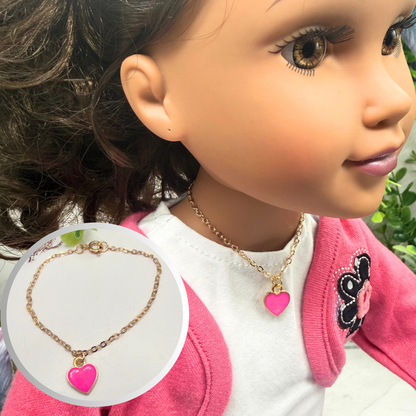 Pink Heart Charm Gold Chain Doll Necklace • 18 Inch Fashion Doll Jewelry