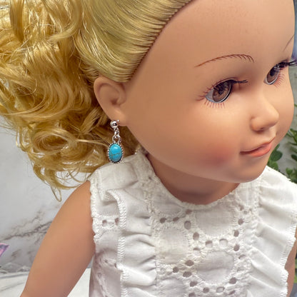 Oval Turquoise Dangle Silver Post Doll Earrings • 18 Inch Fashion Doll Jewelry