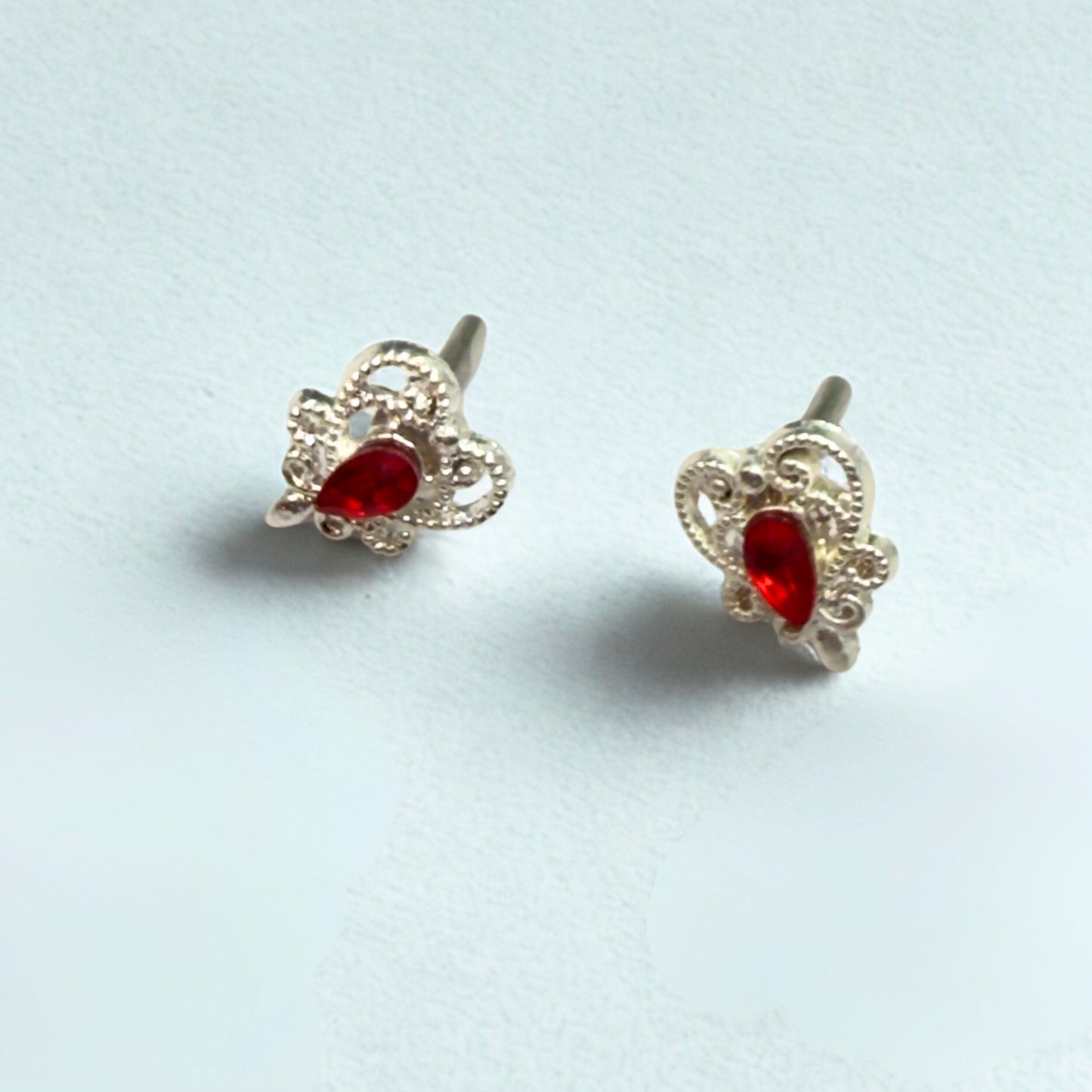 Red Rhinestone Silver Filigree Heart Post Doll Earrings • 2mm and Post for 18 Inch Fashion Doll