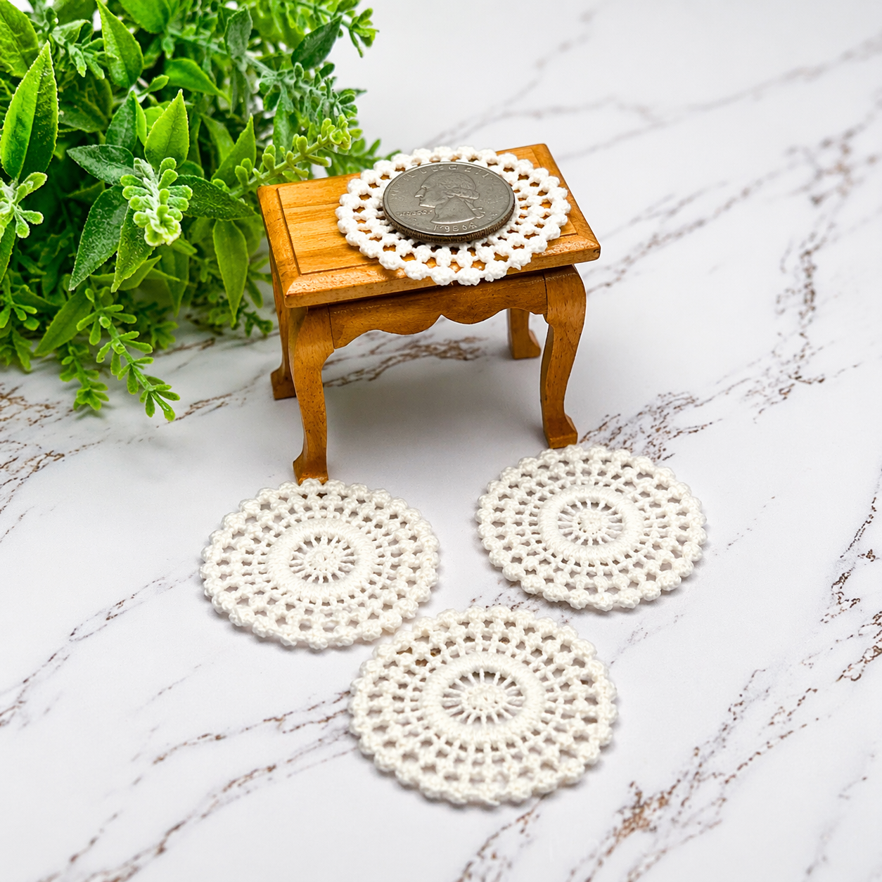 Set of 4 Off White Cream Crochet Fabric Doilies Doily • Dollhouse Miniature