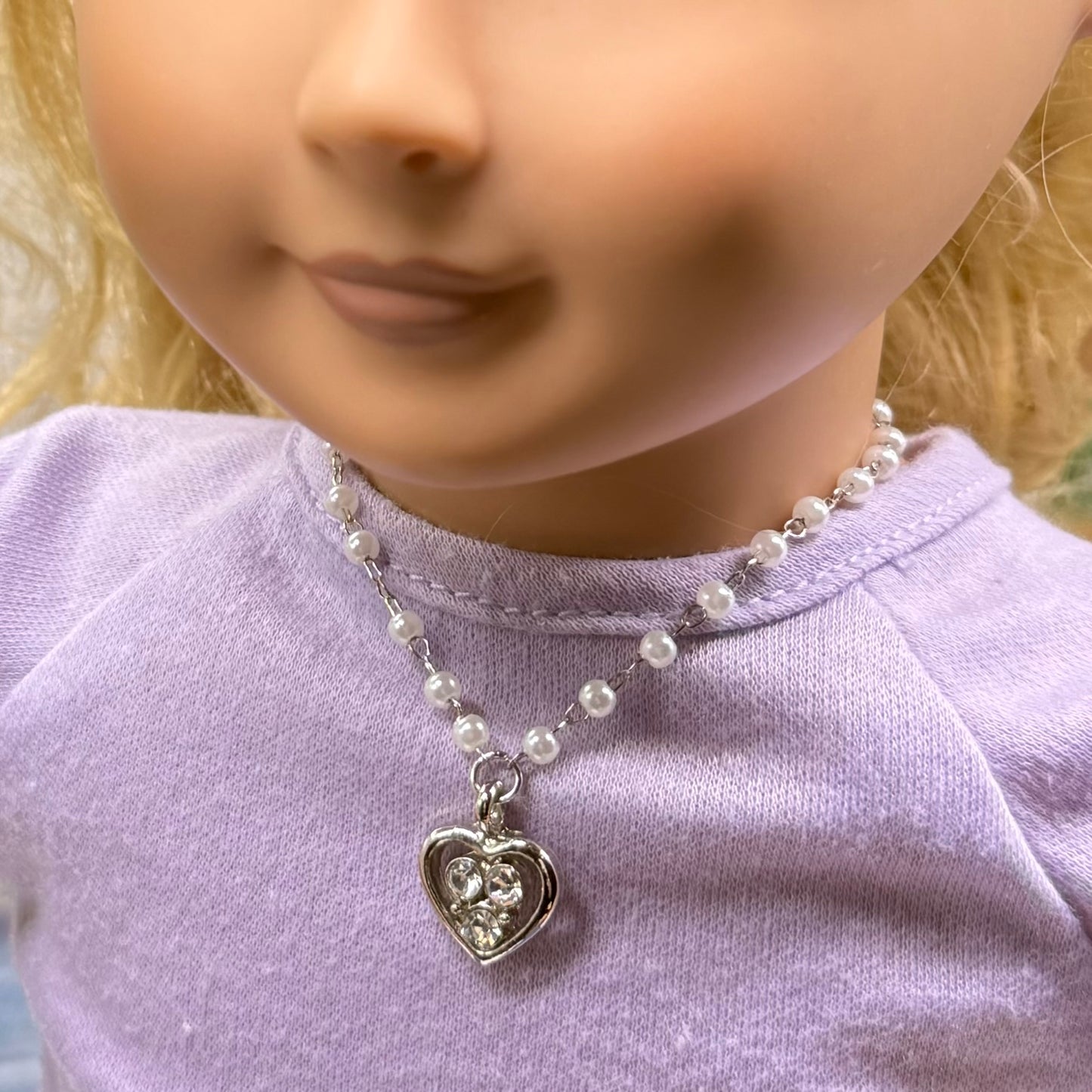 Silver Rhinestone Accented Heart Charm Pearl Beaded Chain Doll Necklace • 18 Inch Fashion Doll Jewelry