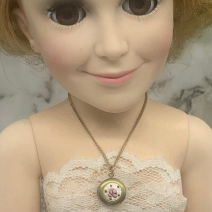 Round Locket Rose Pendant Gold Chain Doll Necklace for 18-22” Vintage Doll