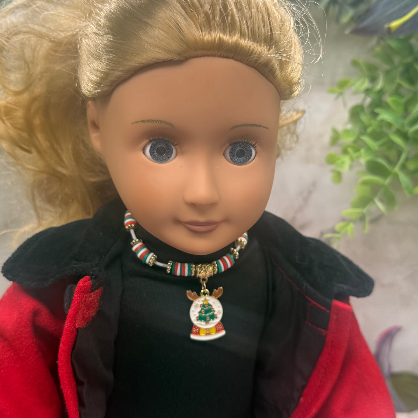Christmas Snow Globe Charm Acrylic Beaded White Fabric Cord Doll Necklace • 18 Inch Fashion Doll Jewelry