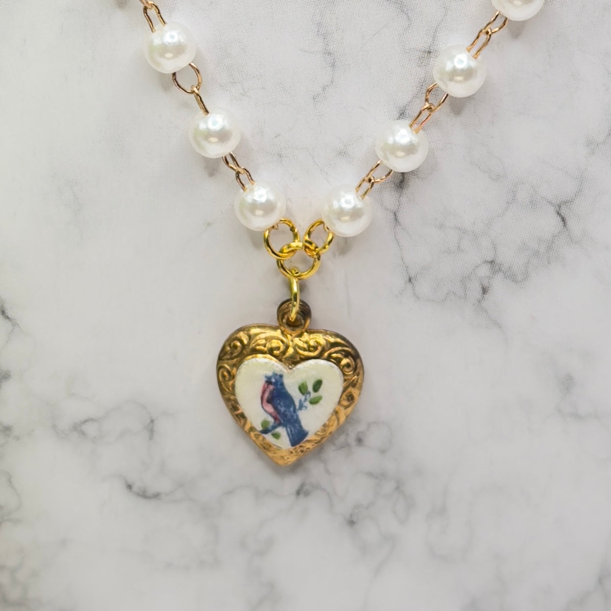 Blue Bird Design Gold Heart Charm Pearl Beaded Doll Necklace • 18 Inch Fashion Doll Jewelry