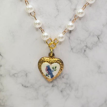 Blue Bird Design Gold Heart Charm Pearl Beaded Doll Necklace • 18 Inch Fashion Doll Jewelry