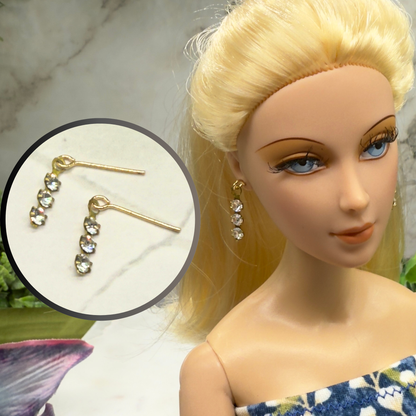 Gold 3 Clear Rhinestone Dangle Doll Earrings • 16 Inch Fashion Doll Jewelry