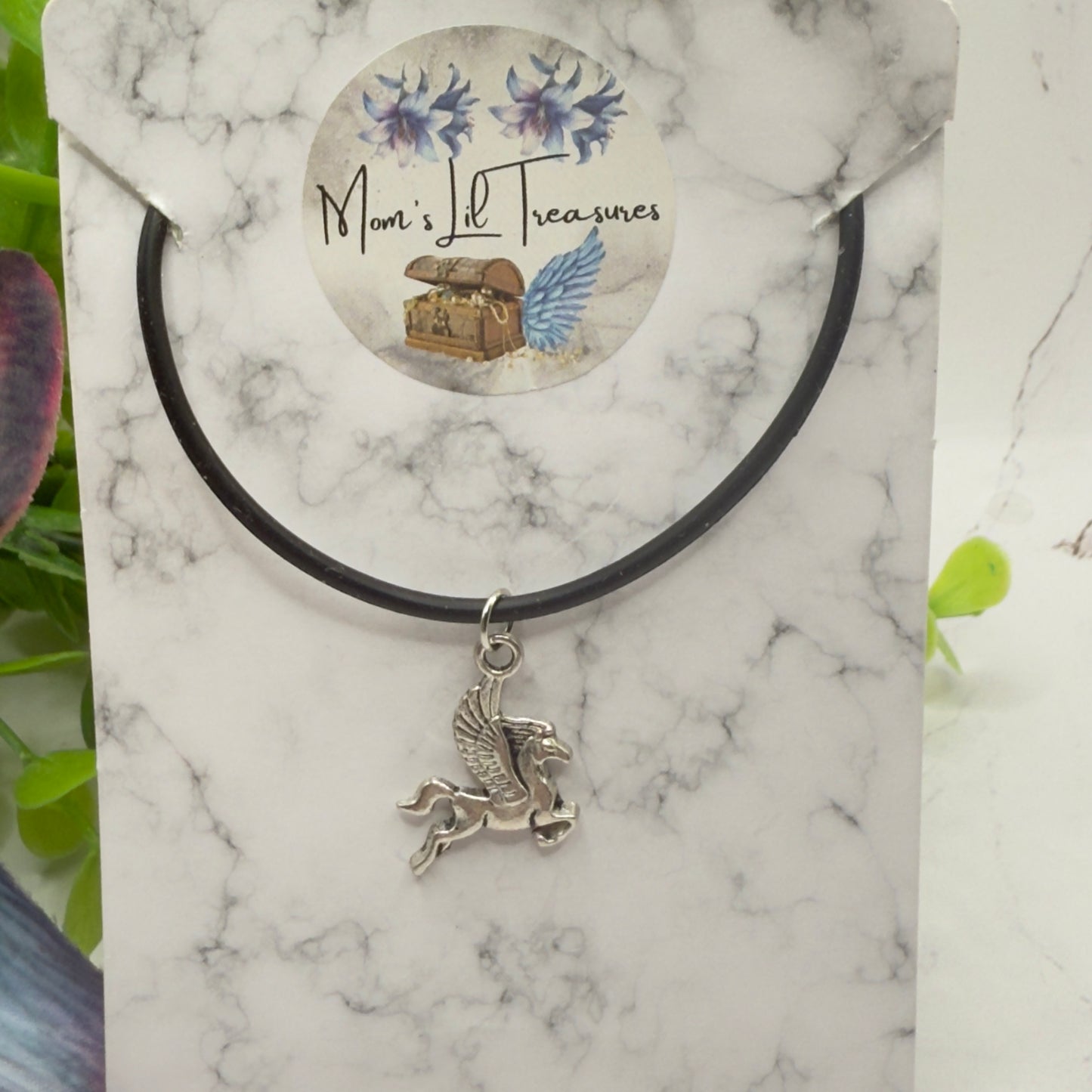 Silver Pegasus Charm Black Silicone Cord Necklace • 18 Inch Fashion Doll Jewelry