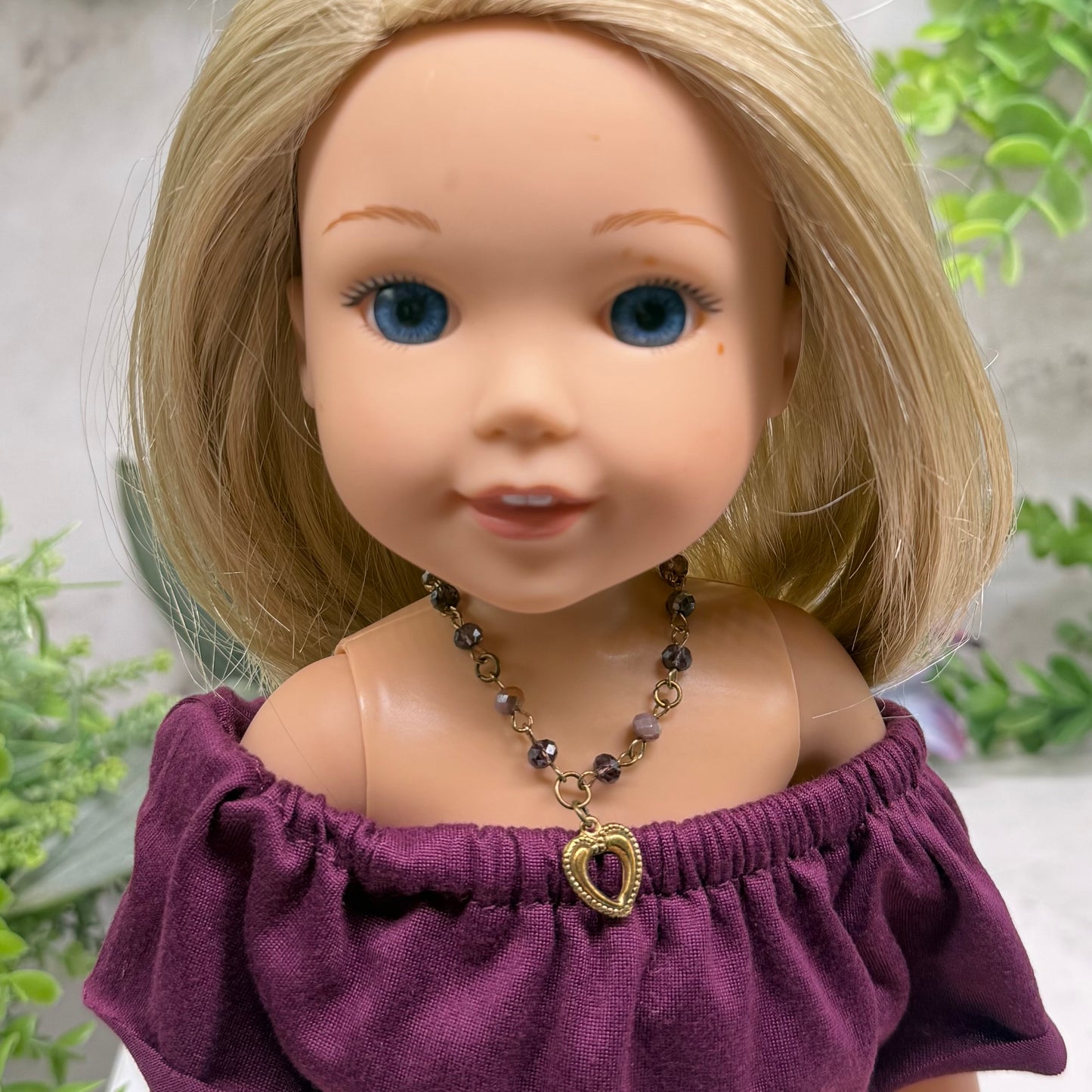 Multi Tone Purple Glass Crystal Bead Chain Gold Heart Charm Doll Necklace • 14 Inch Fashion Doll Jewelry