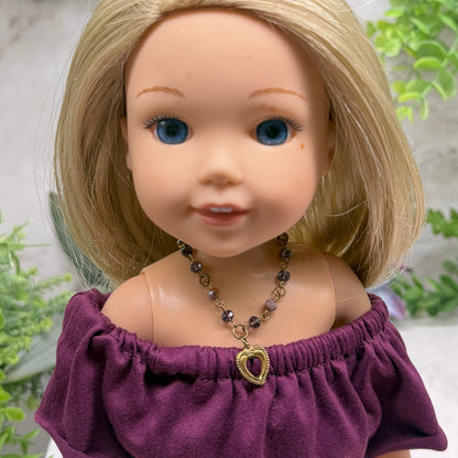 Multi Tone Purple Glass Crystal Bead Chain Gold Heart Charm Doll Necklace • 14 Inch Fashion Doll Jewelry