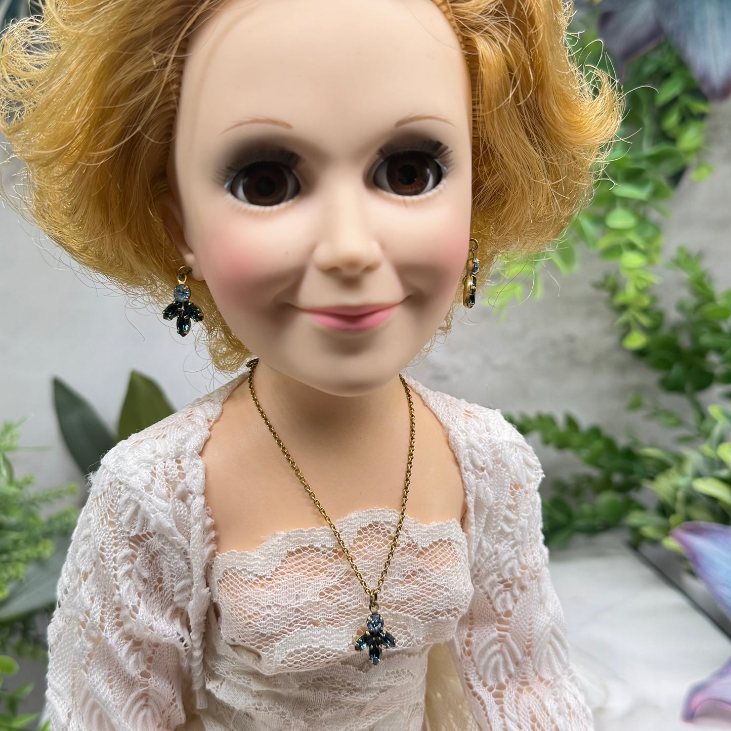 Dark & Light Blue Rhinestone Leaf Cluster Vintage Style Doll Necklace & Earrings • 18-22 Inch Fashion Vintage Doll Jewelry