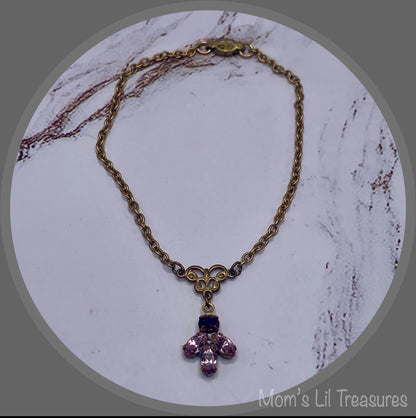 Purple Shades Rhinestone Pendant Gold Tone Necklace• 18-20” Vintage Doll Jewelry