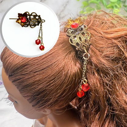 Red Rhinestone Crystal Dangles Bronze Brass Tone Metal Filigree Flower Design Doll Hair Stick • 14-18” Fashion Dolls • Doll Hair Accessories da