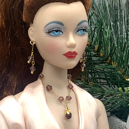 Purple Glass Teardrop Gold Doll Necklace Earrings Set • 16” Fashion Doll Jewelry