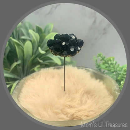 Hatpin - Stick Pin • Black Faceted Crystal Bead Cluster Gold Filigree Base - 3”