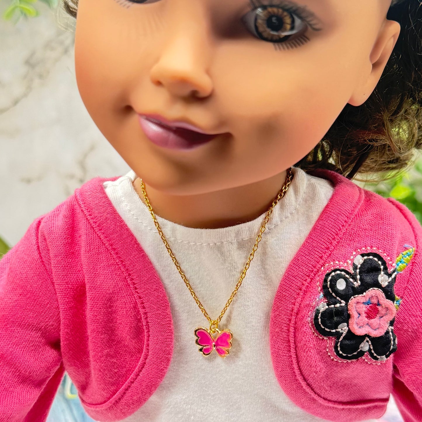 Pink Enamel Butterfly Charm Gold Doll Necklace • 18 Inch Fashion Doll Jewelry