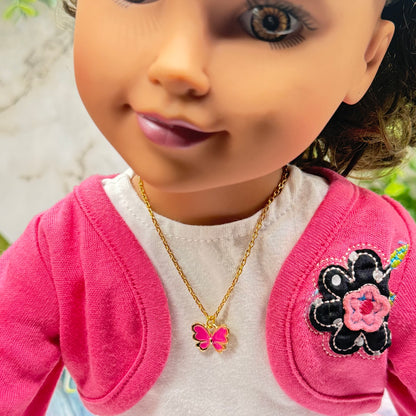 Pink Enamel Butterfly Charm Gold Doll Necklace • 18 Inch Fashion Doll Jewelry