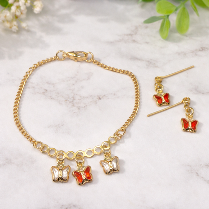 Red & Clear Butterfly Crystal Charms Gold Chain Doll Necklace and Earrings • 18 Inch Fashion Doll Jewelry