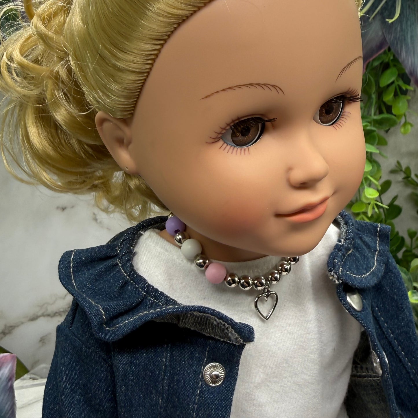 Pink Purple Silver Beaded Heart Charm Doll Necklace • 18 Inch Fashion Doll Jewelry